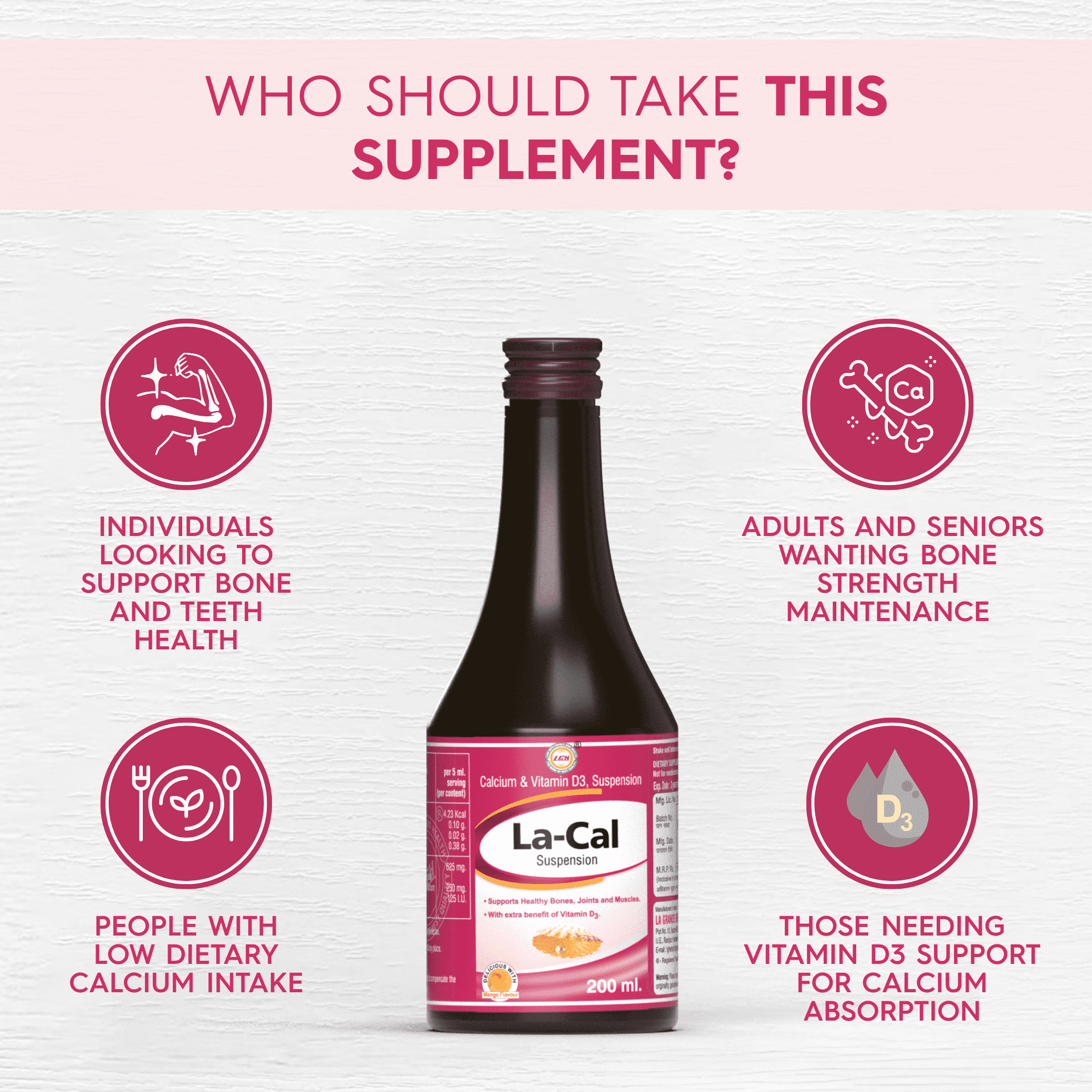 LGH La Cal Suspension 200ml, Calcium and Vitamini D3, Supports Healthy Bones, Supplement For Bone Health - Image 3